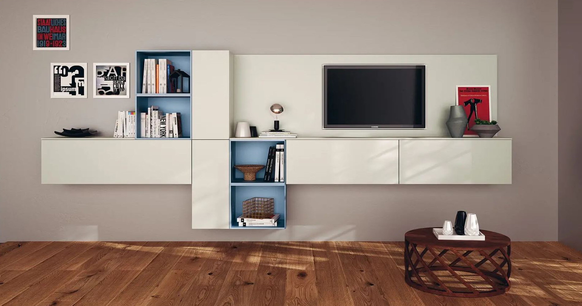 Stylish wall mounted media unit with brown background